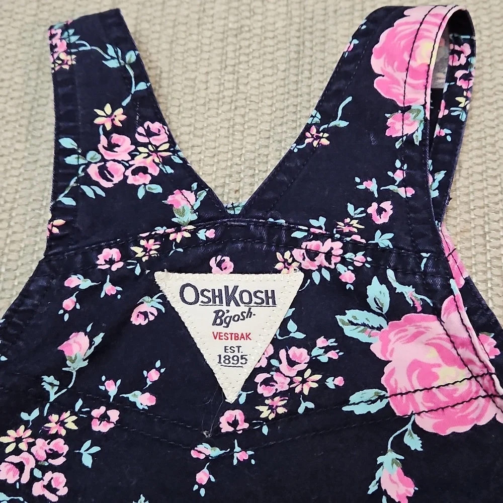 OshKosh B'gosh Girls Floral Overall Dress Jumper 18 Months Vestbak Navy Pink